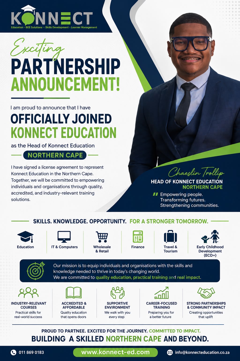 Konnect Education Northern Cape partnership announcement featuring Chaeslin Trollip